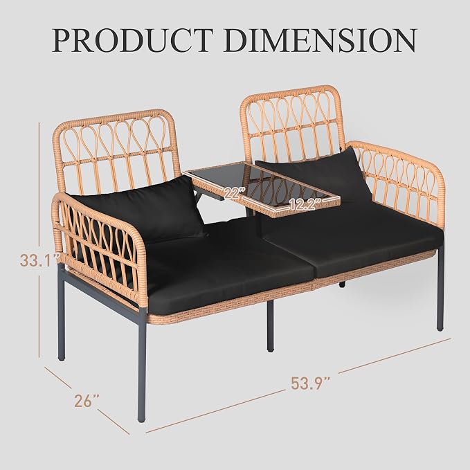 PROHIKER Outdoor Rattan Loveseat with Built-in Glass Table, 2-Seat Wicker Patio Furniture Set with Lumbar Pillows & Thick Cushions, All-Weather Conversation Sofa for Balcony, Porch & Backyard