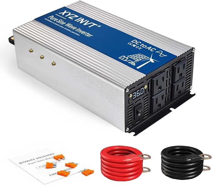 2000W Pure Sine Wave Inverter DC 12V to AC 110V 120V, 3600W Peak Power Inverter with 4 AC Outlets and LED Display for Car, Truck, Solar, Home Off Grid Over 90% Efficiency