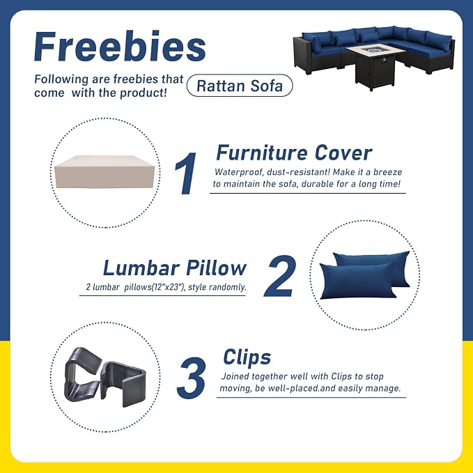 Valita Patio Furniture Set 30 Inches Fire Pit 7-Piece Outdoor Sectional Patio Couch 50000 BTU Steel Propane Fire Pit Table with No-Slip Cushions and Waterproof Cover, Navy Blue