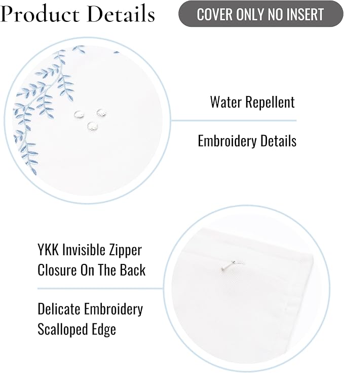 Hofdeco Premium Grandmillennial Coastal Hampton Patio Indoor Outdoor Lumbar Pillow Cover Only, 12"x20" Water Repellent for Backyard, Couch, Poolside, Baby Blue Embroidered Leaves Frame