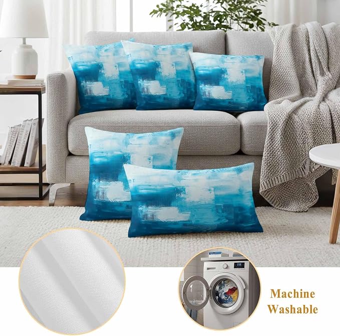 Blue Outdoor Waterproof Throw Pillow Covers Set of 2, 24"x24", Abstract Oil Painting Decorative Pillow Covers Outside Cushion Case for Patio Porch Garden