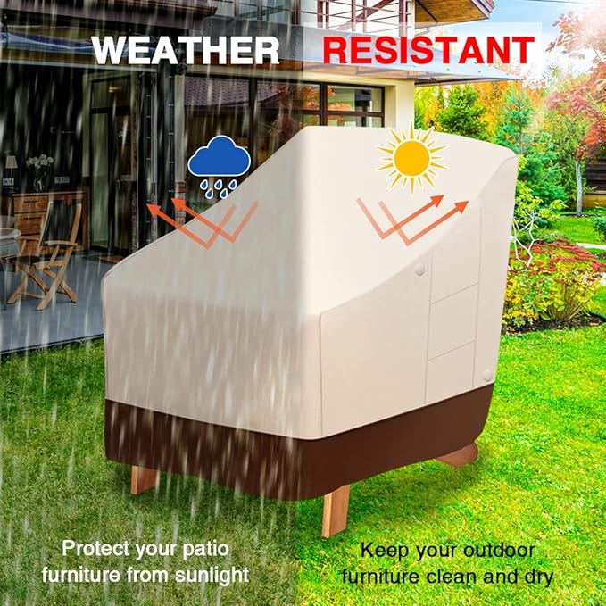 Tuyeho Patio Chair Cover 2 Pack, 38 x 31 x 30 inch, 900D Heavy Duty Outdoor Adirondack Chair Cover, Waterproof & Weather Resistant for Your Patio Lounge Deep Seat Chair (Beige & Brown)
