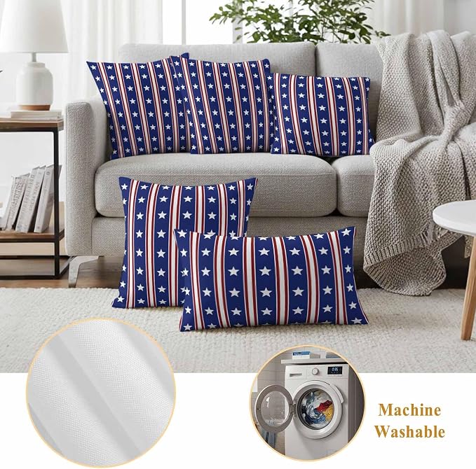 Blue Red Outdoor Pillow Covers 24"x24" Set of 2, Waterproof Throw Pillow Covers for Patio Furniture, Stripes Patirotic Star Independence Day Decorative Cushion Covers for Porch