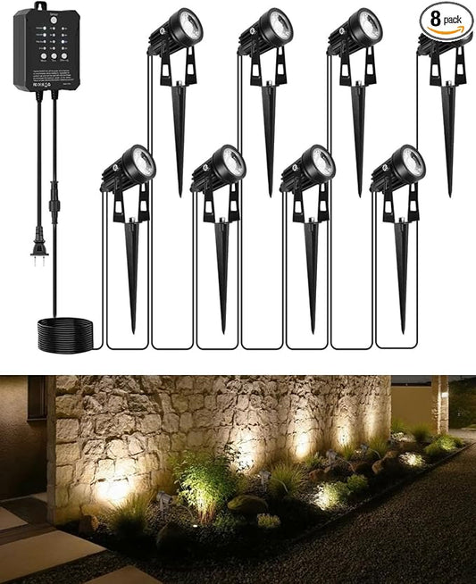 All-in-One Low Voltage Landscape Lighting, Dusk to Dawn Transformer Timer, Waterproof Spotlights, Dimmable LED Outdoor Landscaping Lights Kit for Yard Backyard Tree House 24V (8 pack warm white)