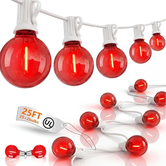 25FT G40 LED Red Outdoor String Lights Waterproof, Hanging Patio Lights with 27 LED Shatterproof Red Globe Bulbs, Outdoor Christmas Decorative Lights for Patio Backyard Garden Valentine’s Day Party