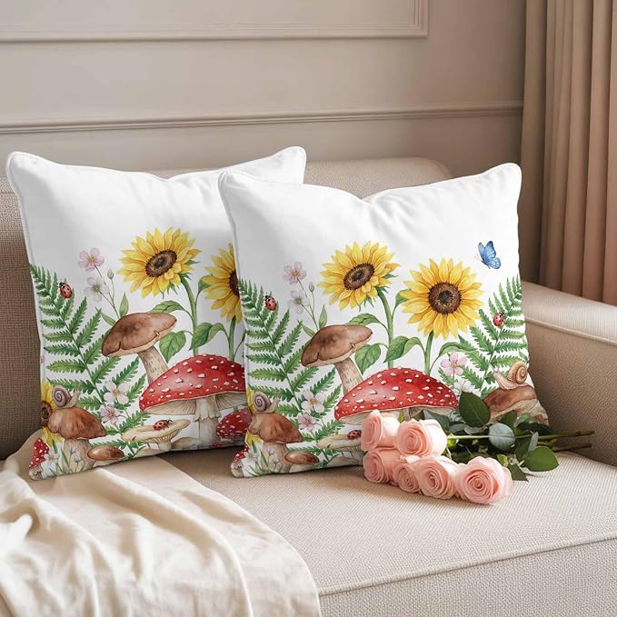 Outdoor Waterproof Throw Pillow Covers Set of 2 Red Mushroom Pillowcases 18x18 Inches Spring Butterfly Sunflower Green Ferns Decorative Pillows Cushion Case Patio Pillows for Couch Bed Chair Garden