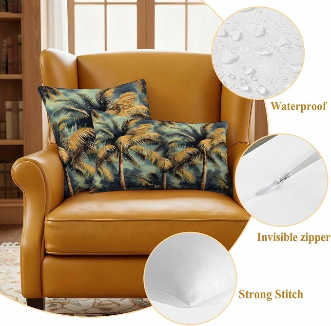 Palm Tree Waterproof Outdoor Pillow Covers Set of 2 Home Decor, Retro Summer Botanical Tropical Plant Leaves Pillowcase Patio Pillow Covers for Couch Bench Furniture Garden 20x20in