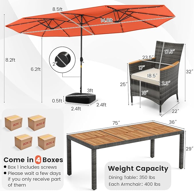 Tangkula 11 Pieces Patio Dining Set with 15 ft Double-Sided Patio LED Umbrella (Base Included), Outdoor Rattan Furniture Set with 8 Armchairs, 1 Rectangular Acacia Wood Dining Table (Orange)