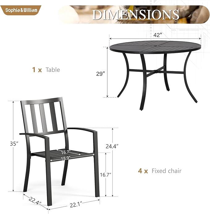 Sophia & William Round Patio Table and Chairs Set, Outdoor Dining Set for 4, 5 Piece Metal Patio Furniture, 42" Black Table(Stripe)