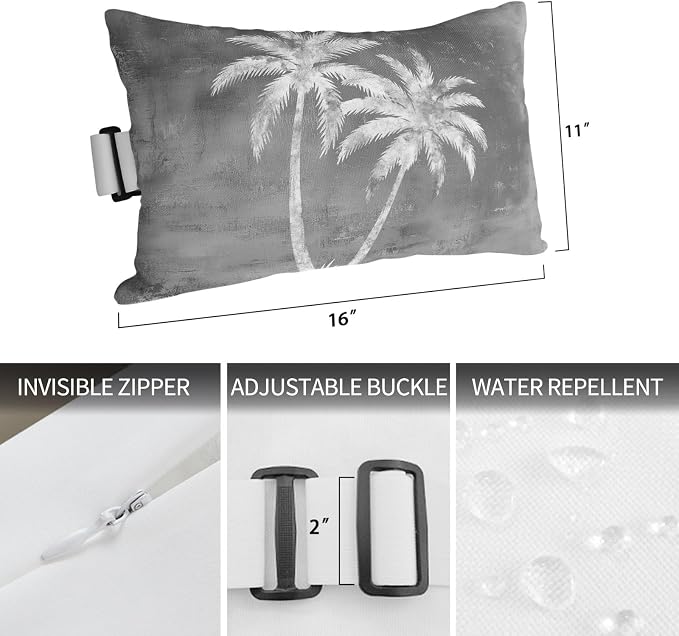 Palm Trees Tropical Outdoor Pillows for Chaise Lounge Chair Waterproof Lumbar Pillows with Insert&Adjustable Strap Beach Headrest Pillow Shabby Black Summer Coastal Recliner Pool Pillow 11"x16"