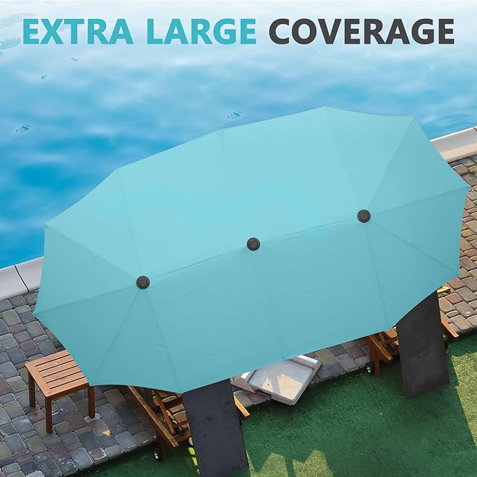13Ft Large Patio Umbrella with Base Outdoor Double-Sided Market Extra Large Table Umbrella Easy Crank for Yard, Poolside, Deck-Blue