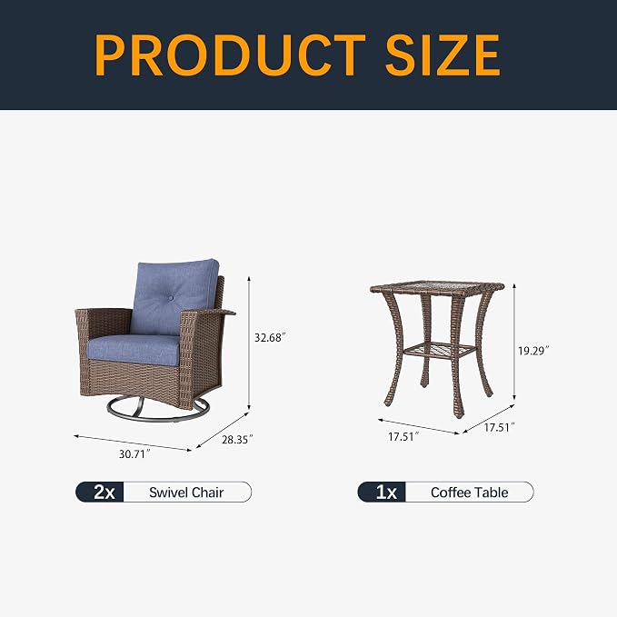 3 Pieces Outdoor Patio Furniture Set, Wicker Patio Sectional Set Conversation Wicker Swivel Chairs with Small Side Table