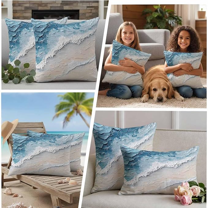 Outdoor Pillow Covers Set of 2, Abstract Ocean Scene Oil Painting Art Decorative Throw Pillow Covers 20X12IN, Natural Sea Wave Beach Throw Pillows Protector Cushion Case for Patio,Couch,Sofa,Garden