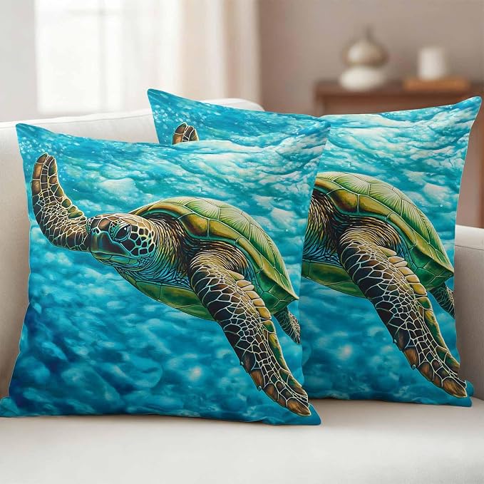 Swimming Sea Turtle Outdoor Waterproof Throw Pillow Covers Set of 2, 24"x24", Sea Water Retro Decorative Pillow Covers Outside Cushion Case for Patio Porch Garden