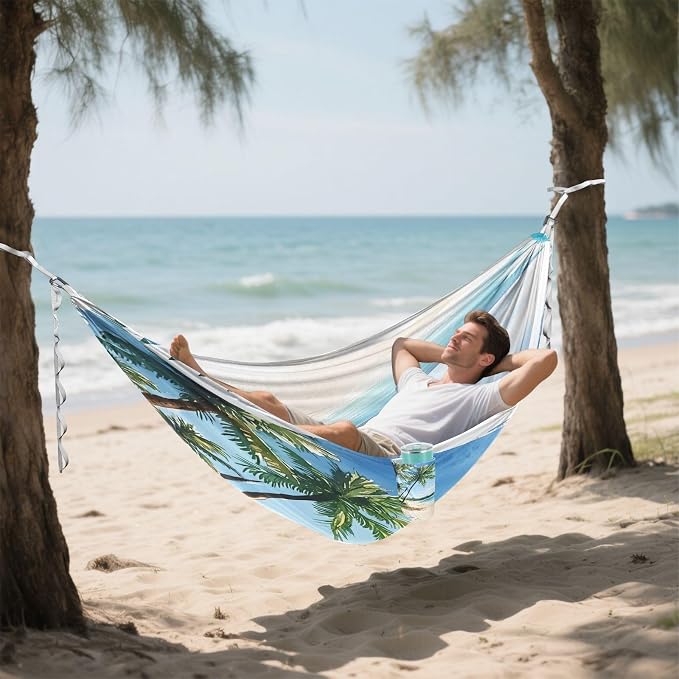 Beach Palm Trees Camping Hammock, Portable Lightweight Single Hammock with Tree Straps and Aluminum Carabiners, 114" x 54" Travel Hammock for Hiking Backpacking Beach