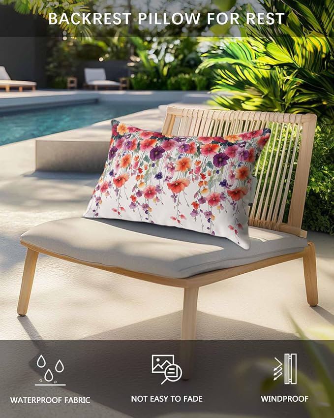Pack of 2 Outdoor Lumbar Cushions with Inserts, Modern Colorful Flowers Watercolor Vine Texture Waterproof Fluffy Fade Body Pillows, Patio Furniture Pillow for Home Balcony Garden Decor 12x20IN