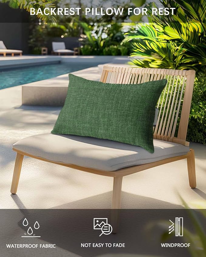 Pack of 4 Outdoor Lumbar Pillow Covers 12x20 Inch, Dark Green Burlap Texture Waterproof Throw Pillow Covers Set, Farmhouse Vintage Green Indoor&Outdoor Decorative Cushion Cases for Patio Porch Beach