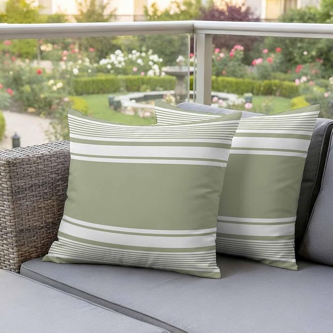 Outdoor Waterproof Throw Pillow Covers, Sage Green Striped Decorative Pillow Cases, Modern Color Block Farmhouse Stripes Couch Pillow Protector Patio Sofa Cushion Covers Replacement 20"x20" 2 Pack