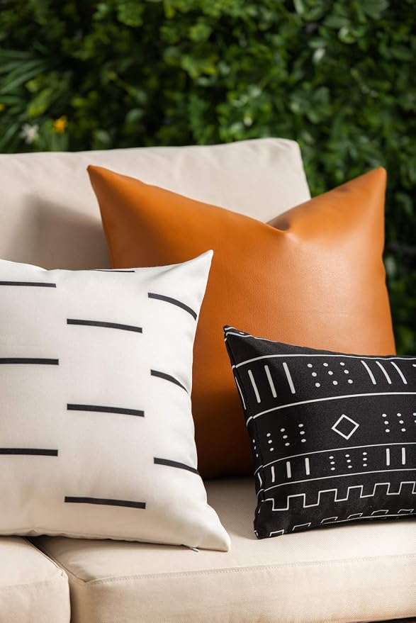 Hofdeco Mudcloth Inspired Patio Indoor Outdoor Lumbar Pillow Cover ONLY for Backyard, Couch, Sofa, Black Lines Dashes, 12"x20"