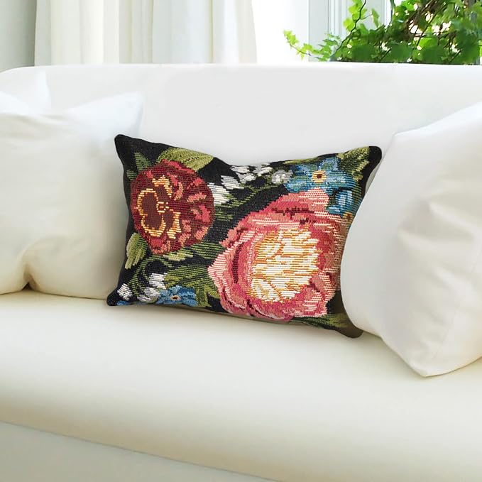 Liora Manne MARINA Indoor/Outdoor Power Loomed Easy Care Pillow - Traditional Graphic Botanical Floral Accent (Secret Garden Black) (12" x 18")