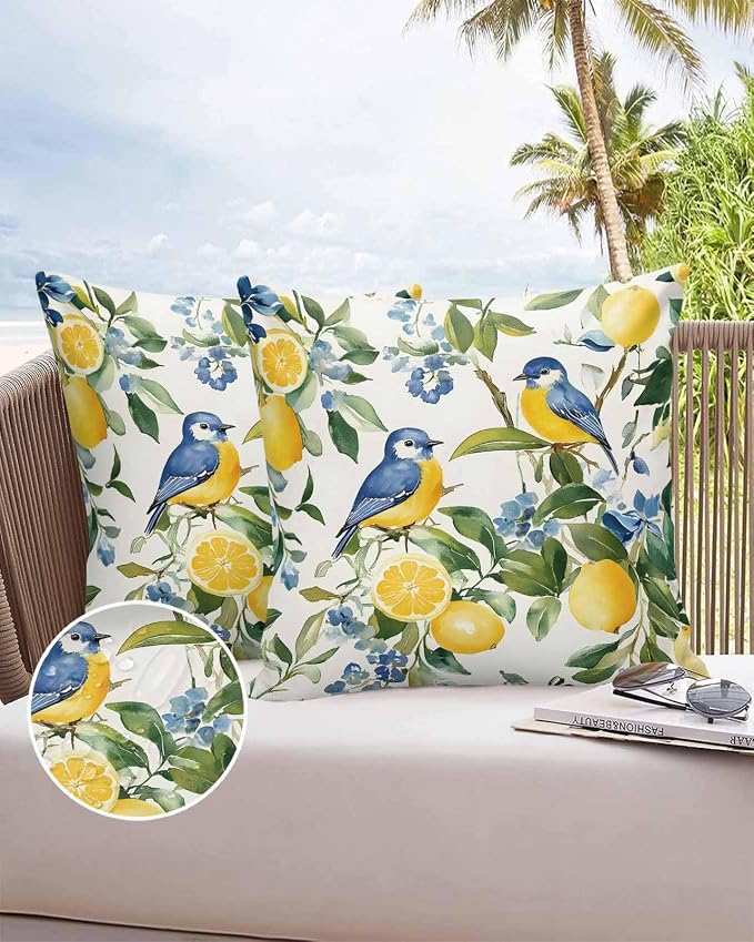 Outdoor Throw Pillow Covers Waterproof Pillow Cases 24x24In, Watercolor Lemon Bird Decorative Pillow Covers Cushion Cases for Couch Sofa Patio Garden,2 Pack Vintage Spring Blue Flower Foliage