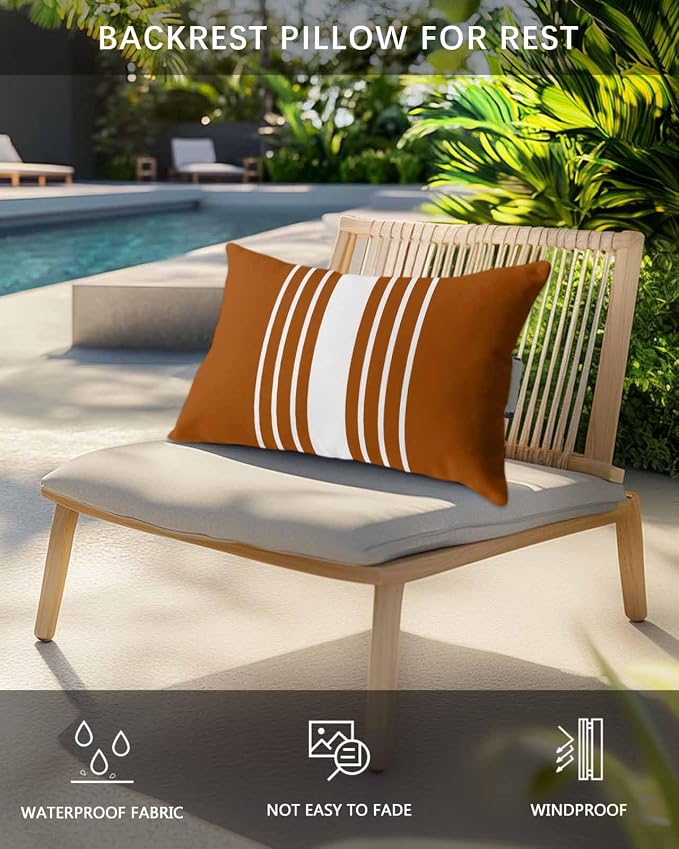 Chaise Lounge Chair Pillow with Strap & Insert Burnt Orange Vertical Stripes Outdoor Recliner Head Pillow Pack of 2 Classic Striped Waterproof Headrest Patio Lumbar Pillow for Beach Office Chair 12x20