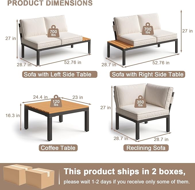 JOYURE 4-Piece Patio Furniture Set,Metal Outdoor Sectional Sofa with 3 Fauxwood Tables &Adjustable Reclining Chair,Patio Modular L Shape Sofa with Thickened Cushions for Backyard,Deck,Balcony,Beige