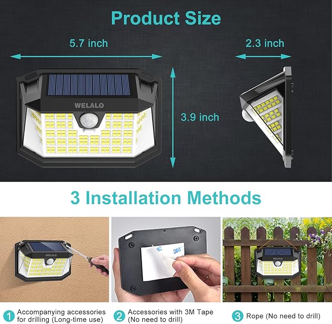 WELALO Solar Motion Sensor Lights Outdoor, [3 Modes/4 Pack/188 LED] 270° Wide Angle Lighting,Security Solar Powered Wall Lights, IP65 Waterproof Flood Lights for Fence Porch Yard Patio(Black)
