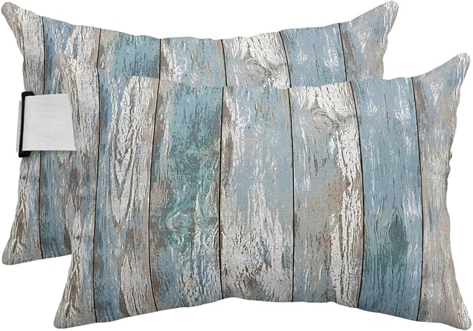 Outdoor Pillows Waterproof Covers Set of 2, Teal Wood Grain Adjustable Elastic Chaise Lounge Head Resting Pillows, Vertical Stripes Wooden Plank Lumbar Pillow for Pool Beach Patio Furniture 11x16 Inch