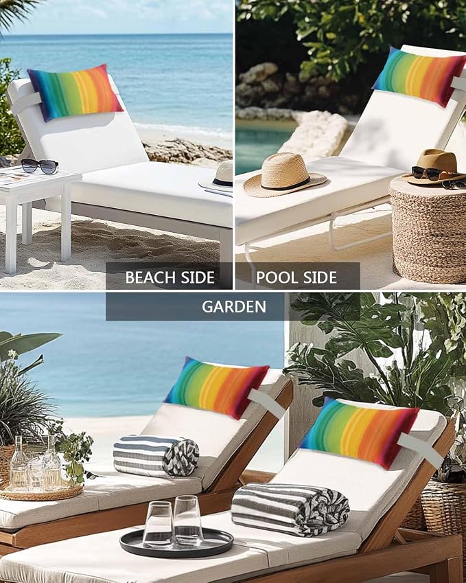 Outdoor Pillows for Chaise Lounge Chair Set of 2 Colorful Stripes Rainbow Waterproof Lumbar Pillows with Insert for Beach Chair,Patio Office,Pool Recliner,Watercolor Line Minimalist Geometric 11x16IN