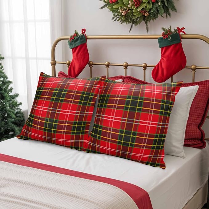 YOKOU Outdoor Waterproof Throw Pillow Covers, Merry Christmas Red and Green Gingham Tartan Plaid Vintage Farmhouse Decor Pillowcases Cushion Covers Cases for Patio Couch Bench, Pack of 2, 20X12 Inch