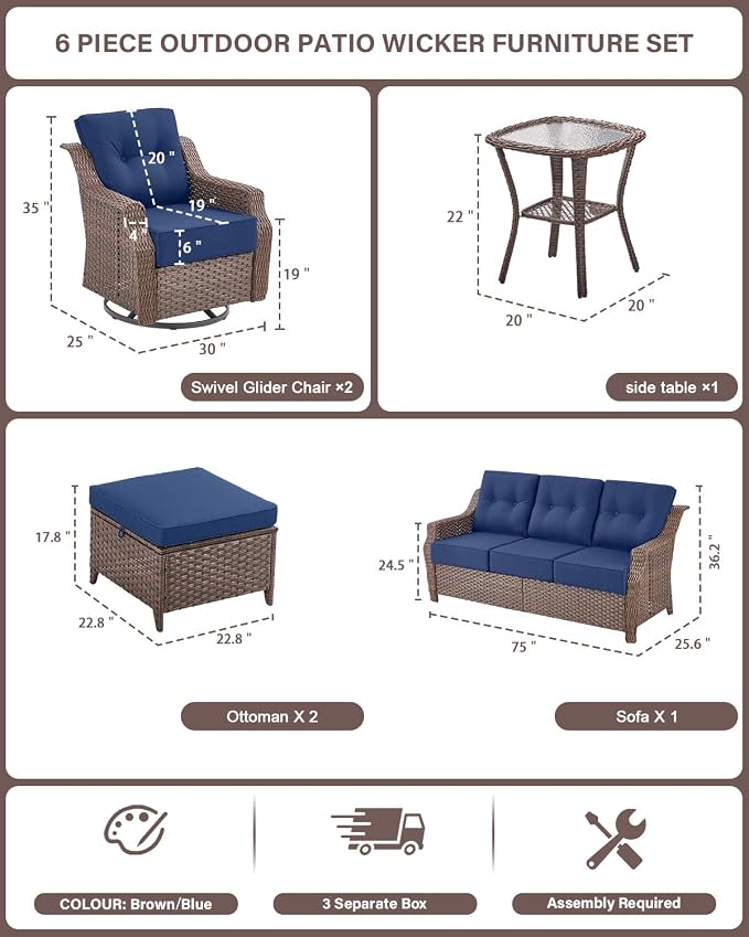 Belord High Back Outdoor Patio Furniture Set - Wicker Outdoor Swivel Rocker Patio Chairs with Sofa and Ottoman, All-Weather Patio Conversation Set for for Patio Deck Backyard