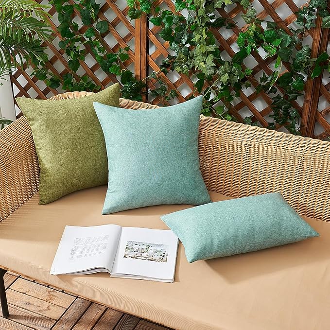 Outdoor Waterproof Throw Pillow Covers Teal 16x16 Set of 2 | Decorative Farmhouse Linen Pillowcases Solid Cushion Cases for Patio Tent Balcony Couch Sofa Living Room