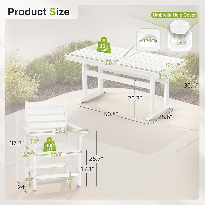 5 Piece Outdoor Dining Set, HDPS Patio Table and Chairs Set, 66" Patio Table with 1.96" Umbrella Hole & 4 Chairs, All Weather Furniture for Garden, Backyard, Poolside (White)