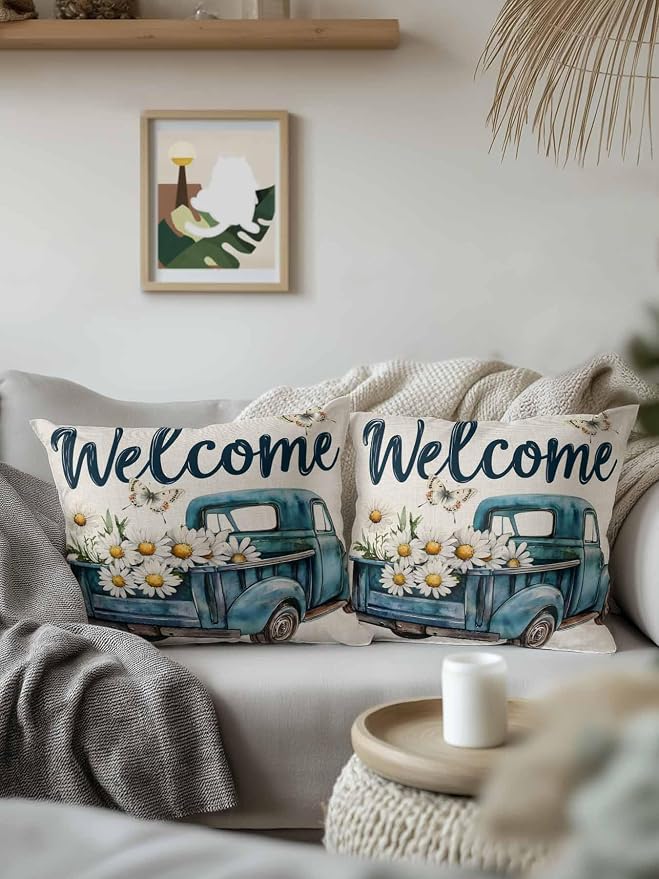 Outdoor Waterproof Throw Pillows Farm Blue Truck Daisy Flower Butterfly Patio Pillows,Decorative Pillow Covers with Insert,Pillow Cushion Case for Garden Couch Sofa Welcome Text on Burlap
