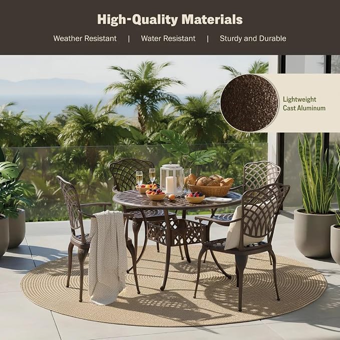 5-Piece Outdoor Dining Set, All-Weather Cast Aluminum Resistant Patio Dining Furniture, Includes 4 Chairs and 1 Round Table with Umbrella Hole for Garden Deck Backyard