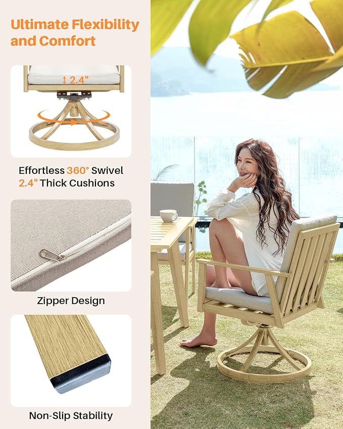 9 Pieces Outdoor Dining Set, Never-Rust Aluminum Patio Swivel Dining Set with Umbrella Hole, 360° Rotation Outdoor Patio Furniture Set, 8 Swivel Chairs and Table for Garden, Yard, Maple Wood