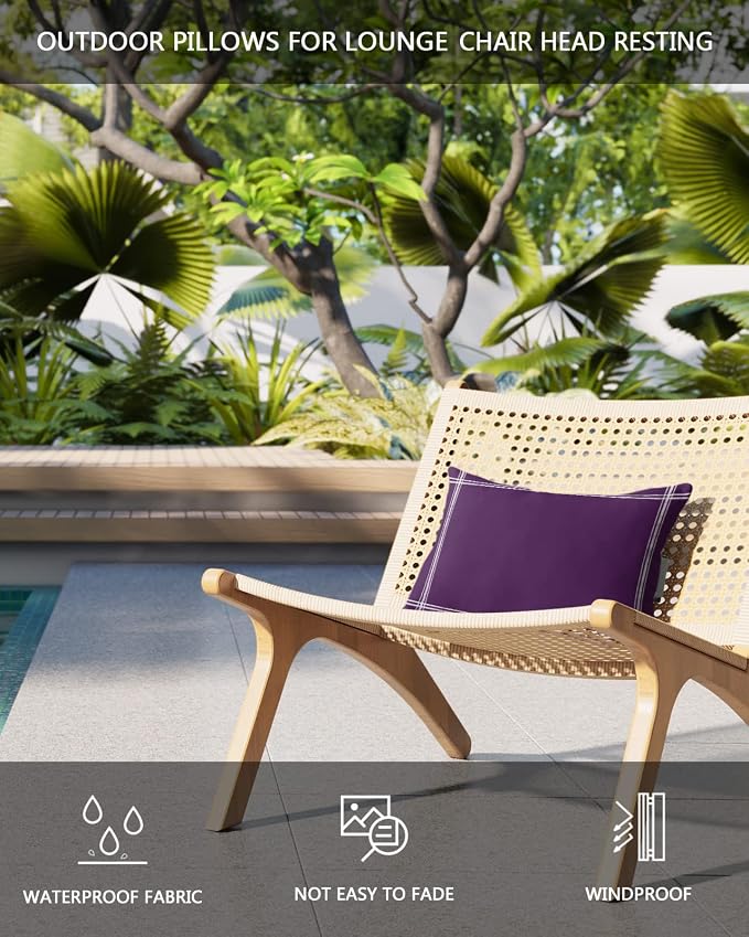 Outdoor Pillows Covers with Inserts Solid Color Purple Waterproof Recliner Pillow with Adjustable Strap Throw Pillows for Patio Furniture Pool Lounge Chair, 11x16 inch, 1PCS