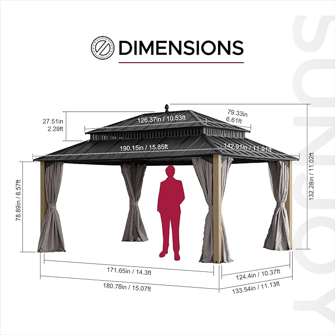 SUNJOY Kingston 16' x 12' Hardtop Wood Gazebo with Galvanized Steel Double Roof, Curtain and Netting, Cedar Posts Permanent Pavilion Gazebo for Garden, Patio, Deck, Lawn