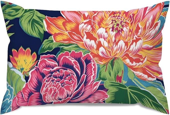 Floral Bright and Cheery Chinoiserie Lumbar Throw Pillow Cover Pink Coral Peony on Navy Throw Pillow Cover Abstract Modern Decorative Pillow Covers for Home Indoor Sofa Couch Decor 16x24in