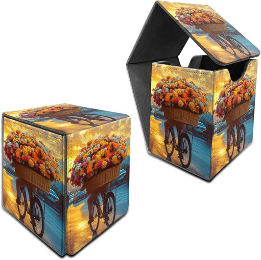 Flower Bike Card Deck Box for MTG, Personalized Card Storage Case Fits 120+ Sleeved Cards, Premium Leather TCG Box with Strong Magnetic Closure for Magic, CCG, PTCG, Baseball Cards