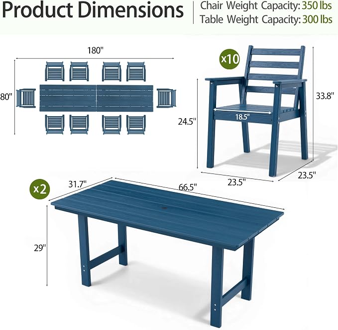 12-Piece Outdoor Dining Set, All-Weather HDPE Patio Furniture, Two 66.5" Slatted Table with 1.6" Umbrella Hole & 10 Ergonomic Armchairs, Heavy Duty 350lbs Capacity, UV Resistant, Blue