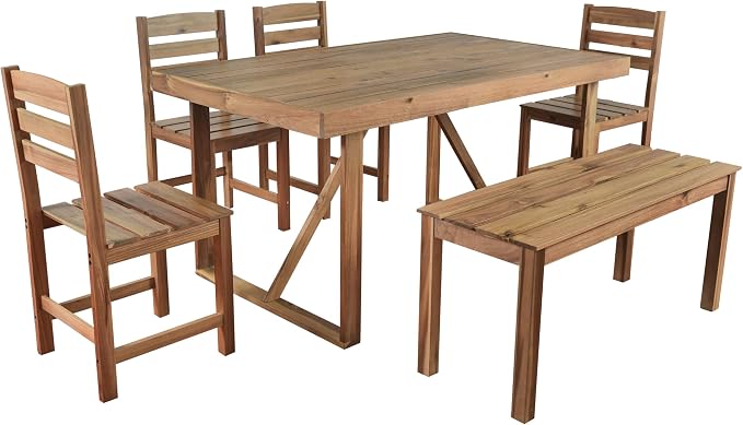 6 Person Outdoor Acacia Wood Dining Table Set, All Weather 6 Pieces Conversation Set, 60'' Rectangle Dining Table with 4 Chairs and Bench for Patio Backyard Garden Poolside Balcony (Natural-26)