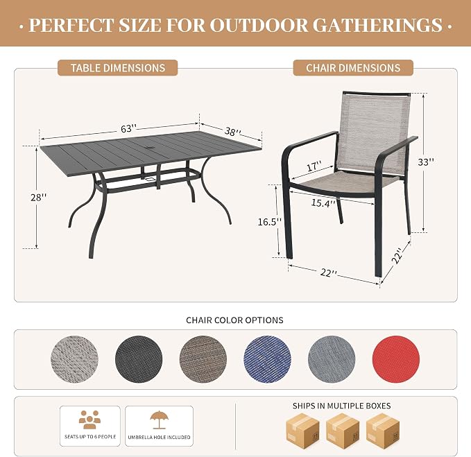 Anmutig 7-Piece Outdoor Dining Set, Powder Coated Steel Table with 6 Stackable Chairs, Black and Brown, 63 x 38 Inch Table
