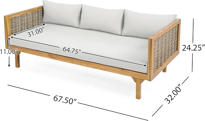 Christopher Knight Home Charm Patio Conversation Set, 3 Seater Acacia Wood Sofa, Spacious Seating Wicker Armrest Chair, Wood Coffee Table, Round Side Table, Outdoor Furniture for Garden, Light Gray