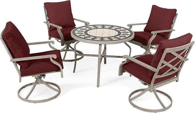 5-Piece Patio Dining Set, 4 Swivel Chairs with Removable Thickened Cushions & a 3D Textured Table with Umbrella Hole, All-Weather Furniture for Backyard, Garden, Lawn, Red