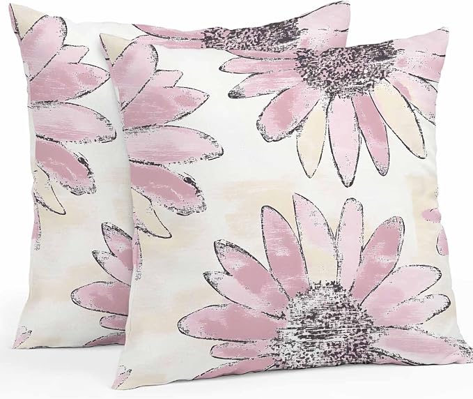 Vandarllin Outdoor Throw Pillows Covers 24x24 inch Set of 2 Waterproof Pink Sunflower Decorative Zippered Cushion Covers for Patio Furniture, Flower Field Lumbar Pillowcases