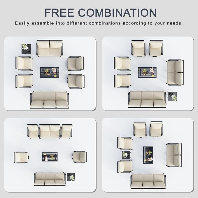 8 Pieces Outdoor Patio Conversation Sets, Rope Outdoor Furniture Set Metal 3-Seater Couch, 2 Swivel Rockers with Side Table and 2 Single Chairs, Loveseat Sofa with Coffee Table for Backyard, Beige