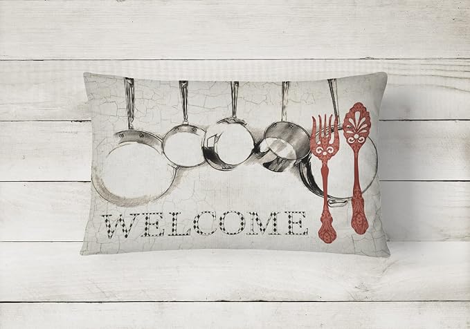 Caroline's Treasures SB3087PW1216 Pots and Pans Welcome Canvas Fabric Decorative Pillow 100% Machine Washable Pillow, Indoor or Outdoor Decorative Throw Pillow for Couch, Bed or Patio