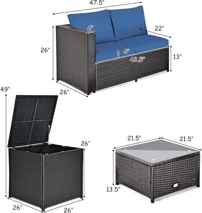 Tangkula 4 Piece Wicker Patio Set with Storage, All Weather-Proof Outdoor Conversation Set, with Loveseat, Coffee Table & Storage Box, Suitable for Garden, Poolside, Sunroom (1, Navy Blue)